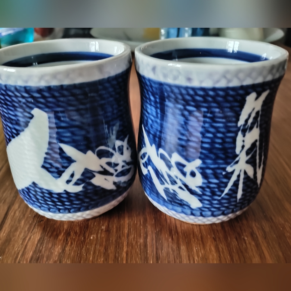 Japanese  Teacup Handmade Pottery Blue White 2 PC